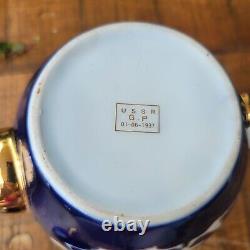 Russian Porcelain Uzbekistan Cobalt Blue White Gold Teapot 7 Piece 1937 Tea Set