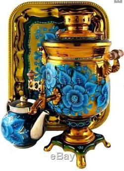 Russian Samovar 100 %Hand Painted Trio Electrical Samovar Tea Pot Tray 3in1 New