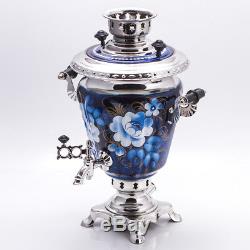 Russian Samovar Teapot Tray Set US Compatible 110V Blue Floral Zhostovo PREORDER