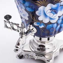 Russian Samovar Teapot Tray Set US Compatible 110V Blue Floral Zhostovo PREORDER