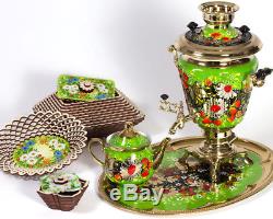 Russian Samovar Teapot Tray Set US Compatible 110 V Daisies Green Spring Summer