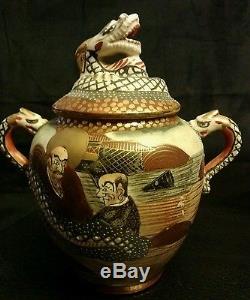 SATSUMA DRAGON. Teapot set pre 1920 thousand faces with deities scene