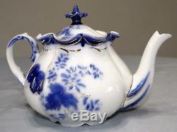 S & T RS Prussia Flow Blue Gold Teapot, Creamer & Sugar Bowl LID Set Vtg Antique