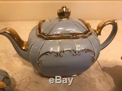 Sadler Blue Tea Set Cube Teapot Sugar Creamer Gold Trim 1922 Vintage