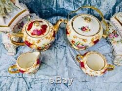 Sadler Burgundy/Red Floral China Teapot Tea Set With Matching Biscuit Barrel