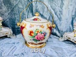 Sadler Burgundy/Red Floral China Teapot Tea Set With Matching Biscuit Barrel