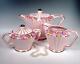 Sadler Deco Pink Pleated Teapot, Creamer, Sugar Set, England, Bone China, 1940s
