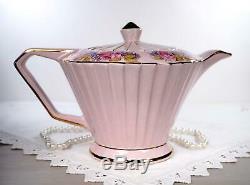 Sadler Deco Pink Pleated Teapot, Creamer, Sugar Set, England, Bone China, 1940s