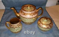 Sadler Pink Green and Gold Teapot, Cream and Sugar Set # 1558