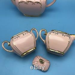 Sadler Pink Tea Set Cube Teapot Lidded Sugar Creamer Gold Trim 7 x10 1922