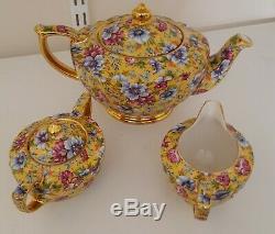 Sadler cube teapot Sophie Chintz oval set milk jug sugar bowl vintage gold gild