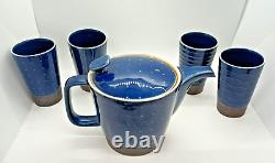 Saikai Japan Tea Set Cobalt Blue Glaze Brown Band Tea Pot & 4 Yunomi Cups