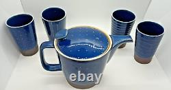 Saikai Japan Tea Set Cobalt Blue Glaze Brown Band Tea Pot & 4 Yunomi Cups