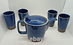 Saikai Japan Tea Set Cobalt Blue Glaze Brown Band Tea Pot & 4 Yunomi Cups