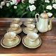 Saxony German Tea Pot Set With Service For 6. Acorn Adorned 24k Gilt Over Beige