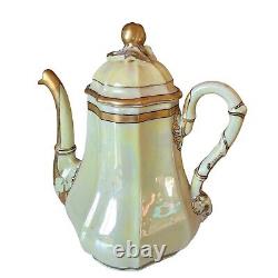 Saxony German Tea Pot Set with service for 6. Acorn adorned 24k gilt over beige