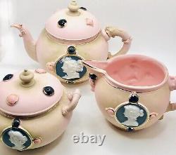 Schafer & Vater Pink Jasperware Portrait Cameo Teapot Cream Sugar C. 1896 Tea Set