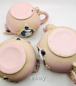 Schafer & Vater Pink Jasperware Portrait Cameo Teapot Cream Sugar C. 1896 Tea Set