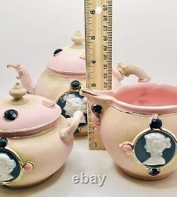 Schafer & Vater Pink Jasperware Portrait Cameo Teapot Cream Sugar C. 1896 Tea Set