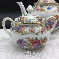 Schumann Dresden 3pc Tea Set Teapot Sugar Creamer Porcelain Flowers Vintage