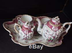 Set Antique 19th c Samson French Pink Shell Tray Teapot Creamer Cups Saucer 9 pc