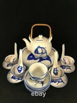 Set Vintage Koi Fish Carp Plates Blue/White Made China 23 Piece Tea Pot Unique