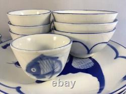 Set Vintage Koi Fish Carp Plates Blue/White Made China 23 Piece Tea Pot Unique