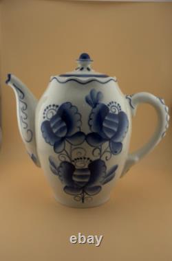 Set of 2 GZHEL Coffee Tea Pots Porcelain Handmade Hand Painted Never Used