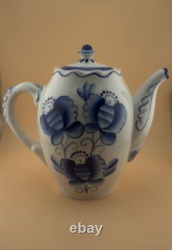 Set of 2 GZHEL Coffee Tea Pots Porcelain Handmade Hand Painted Never Used