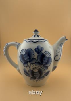 Set of 2 GZHEL Coffee Tea Pots Porcelain Handmade Hand Painted Never Used