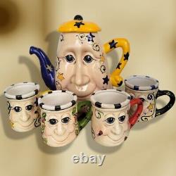 Set of Whimsical Face Art Pottery Coffee Teapot with Mugs