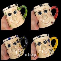 Set of Whimsical Face Art Pottery Coffee Teapot with Mugs