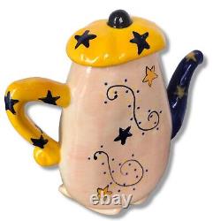 Set of Whimsical Face Art Pottery Coffee Teapot with Mugs