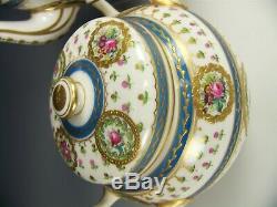 Sevres France Hand Painted Roses Flower Raised Gold Tea Pot Creamer Sugar Set