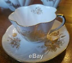 Shelley 10-piece Tea Set Teapot, Sugar, 4 Cups, Saucers NO CHIPS Flowers of Gold
