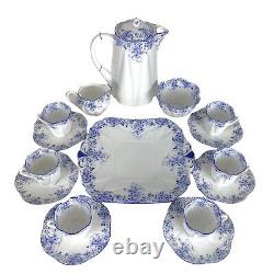 Shelley Demitasse Set Dainty Blue Teapot Sugar Creamer Coffee Pot Cups Saucers