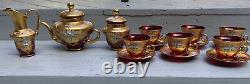 Signed 16 PC Bohemian Czech Ruby& Gold Gilt Tea Service Raised Enamel Floral