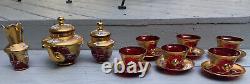 Signed 16 PC Bohemian Czech Ruby& Gold Gilt Tea Service Raised Enamel Floral