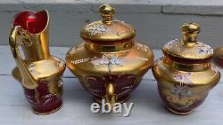 Signed 16 PC Bohemian Czech Ruby& Gold Gilt Tea Service Raised Enamel Floral