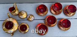 Signed 16 PC Bohemian Czech Ruby& Gold Gilt Tea Service Raised Enamel Floral