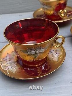 Signed 16 PC Bohemian Czech Ruby& Gold Gilt Tea Service Raised Enamel Floral