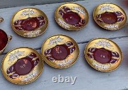 Signed 16 PC Bohemian Czech Ruby& Gold Gilt Tea Service Raised Enamel Floral