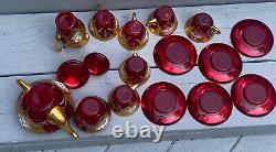 Signed 16 PC Bohemian Czech Ruby& Gold Gilt Tea Service Raised Enamel Floral