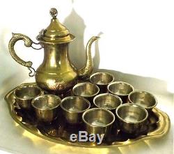 Silver Lining Antique Brass Tea Cup Teapot Set 10 Teacups & Tray Saudi Arabia