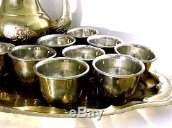 Silver Lining Antique Brass Tea Cup Teapot Set 10 Teacups & Tray Saudi Arabia