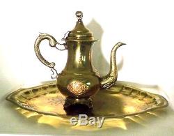 Silver Lining Antique Brass Tea Cup Teapot Set 10 Teacups & Tray Saudi Arabia