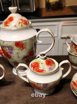 Sorelle Porcelain Tea Set Teapot Creamer & Sugar Cups & Saucers For Six