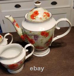 Sorelle Porcelain Tea Set Teapot Creamer & Sugar Cups & Saucers For Six