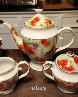 Sorelle Porcelain Tea Set Teapot Creamer & Sugar Cups & Saucers For Six