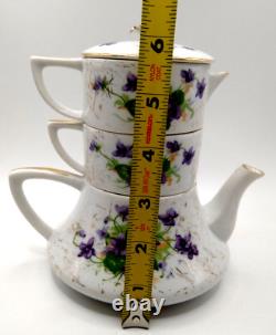 Stackable Teapot Set Hand Painted Sweet Violets Sugar Creamer Top White Purple